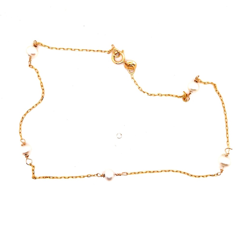 14k Yellow Gold Pearl Station Anklet 10 Inch Dainty Italian Link Chain